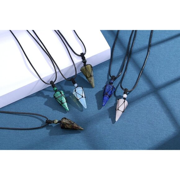 💫 Men Blue Gemstone Pendant Necklace Adjustable Rope Natural Crystal Jewelry